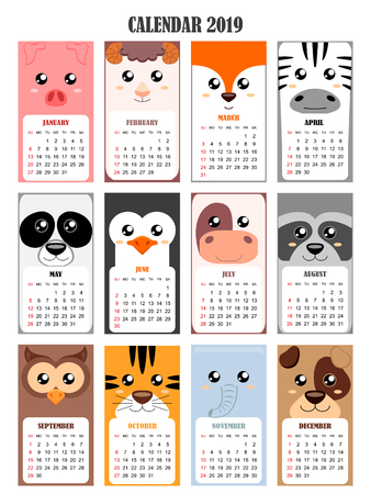 Calendar 2019 with pig, sheep, fox, zebra, panda, penguin, cow, raccoon, owl, tiger, elephant, dogのイラスト素材