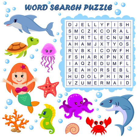 Word search puzzle. Vector education game for children. Sea animalsのイラスト素材