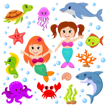 Cute cartoon sea animals and mermaidsのイラスト素材