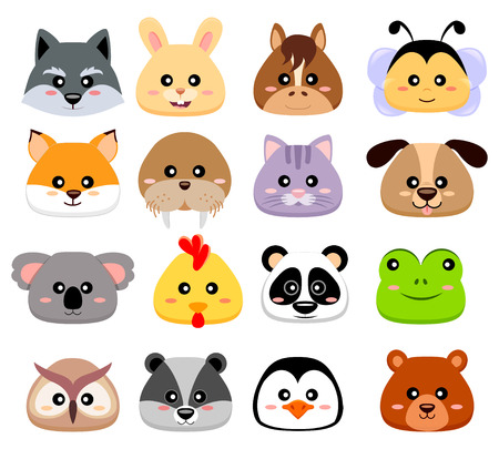 Cute cartoon animals head. Wolf, hare, horse, bee, fox, walrus, cat, dog, koala, chicken, panda, frog, owl, chipmunk, penguin, bearのイラスト素材