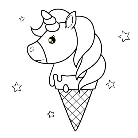 Cute cartoon unicorn. Ice cream. Black and white vector illustration for coloring bookのイラスト素材