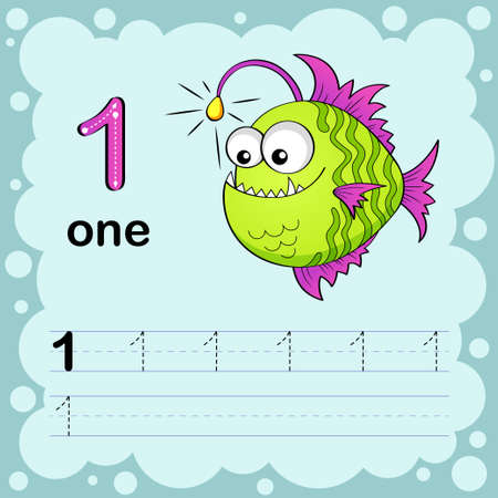 Educational illustration to learn how to count and write a number one. Worksheet for kindergarten and preschool. Monkfishのイラスト素材