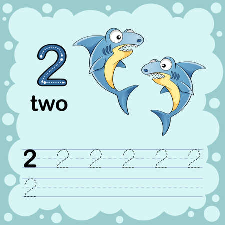 Educational illustration to learn how to count and write a number two. Worksheet for kindergarten and preschool. Sharkのイラスト素材