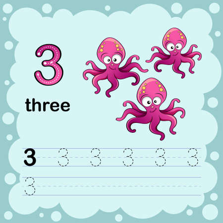 Educational illustration to learn how to count and write a number three. Worksheet for kindergarten and preschool. Octopusのイラスト素材