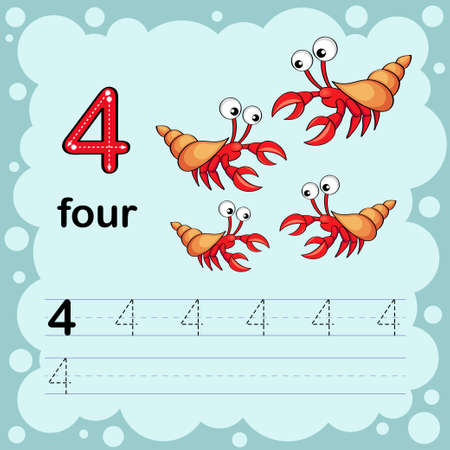 Educational illustration to learn how to count and write a number four. Worksheet for kindergarten and preschool. Shrimpのイラスト素材