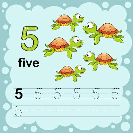 Educational illustration to learn how to count and write a number five. Worksheet for kindergarten and preschool. Turtleのイラスト素材