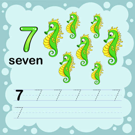 Educational illustration to learn how to count and write a number seven. Worksheet for kindergarten and preschool. Seahorseのイラスト素材