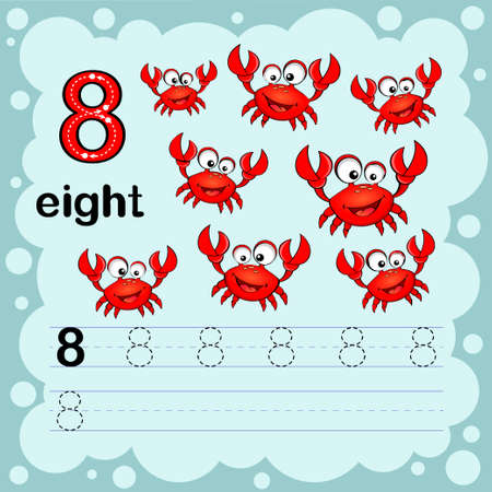 Educational illustration to learn how to count and write a number eight. Worksheet for kindergarten and preschool. Crabのイラスト素材
