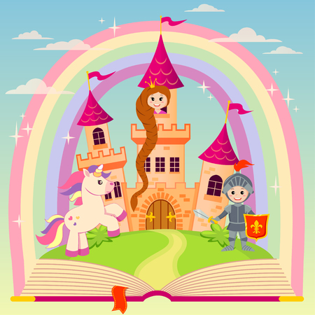 Fairytale book with castle, princess, knight, unicorn and rainbowのイラスト素材