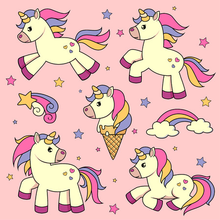Set of cute cartoon unicornsのイラスト素材