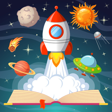 Fairytale open book with spaceship, sun, moon, saturn, UFO, cometのイラスト素材