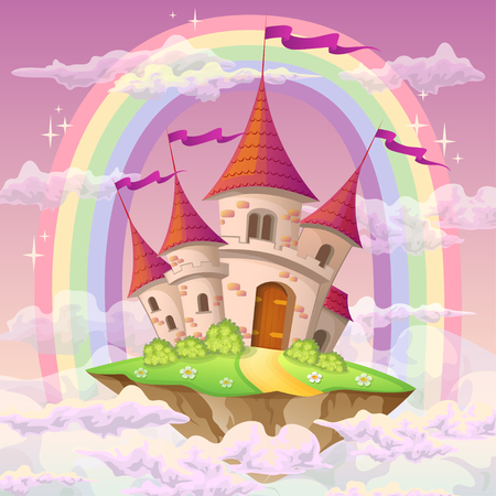 Fantasy flying island with fairy tale castle and rainbow in cloudsのイラスト素材