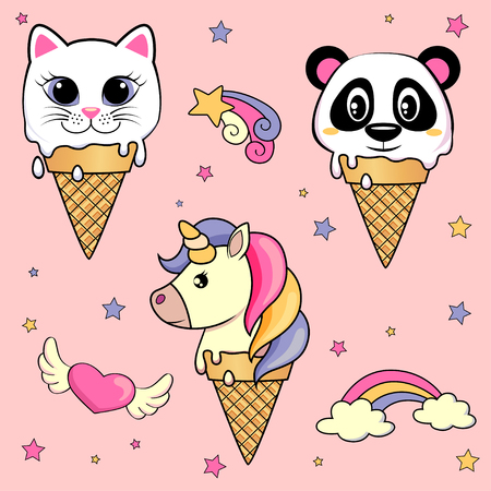 Set of cute cartoon ice cream with unicorn, cat, pandaのイラスト素材