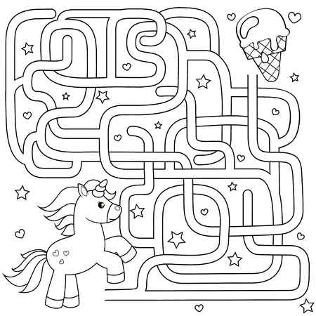 Help unicorn find path to ice cream. Labyrinth. Maze game for kids. Black and white vector illustration for coloring bookのイラスト素材