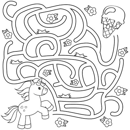 Help unicorn find path to ice cream. Labyrinth. Maze game for kids. Black and white vector illustration for coloring bookのイラスト素材