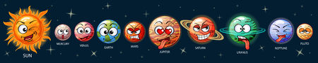 Cute emoji planets of the solar system. Sun, Mercury, Venus, Earth, Mars, Jupiter, Saturn, Uranus, Neptune, Plutoのイラスト素材