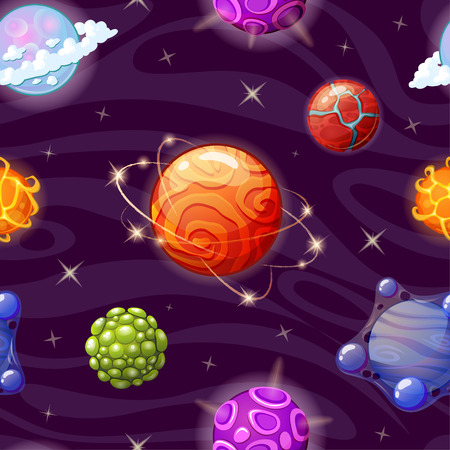 Seamless pattern with cartoon fantasy planets. Space backgroundのイラスト素材