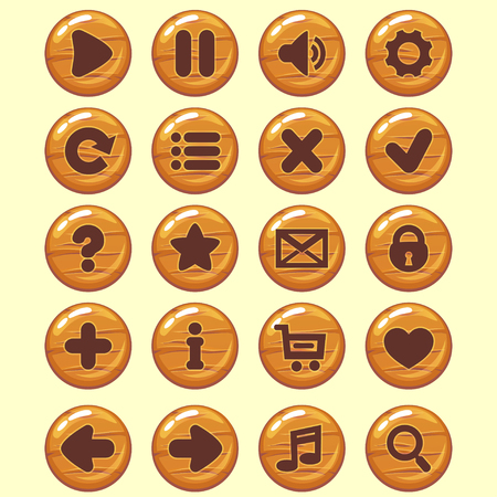 GUI wooden round buttons set. Game menu iconsのイラスト素材