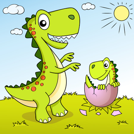 Cute cartoon dinosaur and his nest with little dinoのイラスト素材