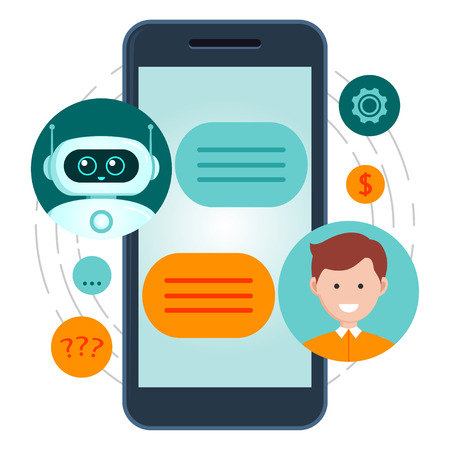 Chatbot concept. Man communicating with chat bot. Dialog help service. Chatbot iconのイラスト素材