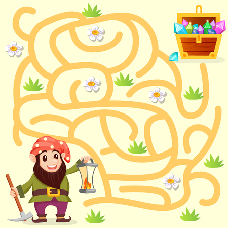 Help gnome find path to treasure chest. Labyrinth. Maze game for kidsのイラスト素材