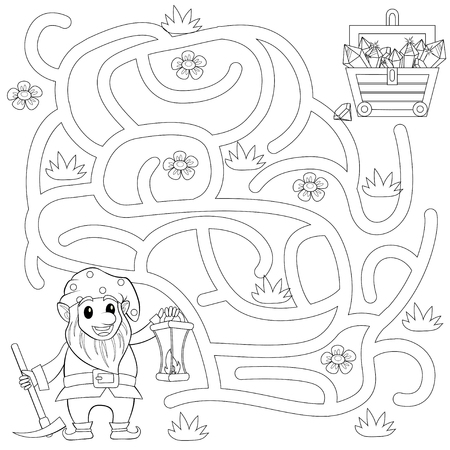 Help gnome find path to treasure chest. Labyrinth. Maze game for kids. Black and white vector illustration for coloring bookのイラスト素材