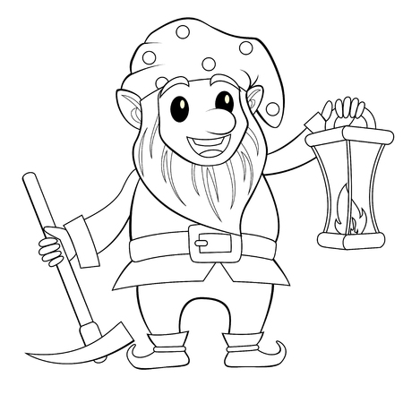 Fairy tale gnome with lamp. Dwarf. Elf. Black and white vector illustration for coloring bookのイラスト素材