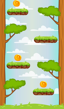 Landscape with grass and mountains. Background for UI game. Vertical background with separated layers for mobile gameのイラスト素材