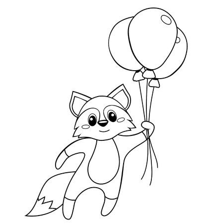 Cute little fox flying with balloons. Black and white vector illustration for coloring bookのイラスト素材