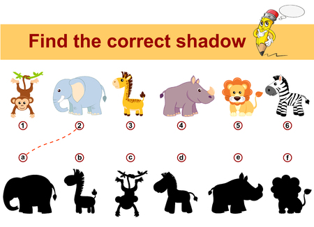 Find correct shadow. Kids educational game. African animals. Lion, elephant, giraffe, monkey, zebra and rhinocerosのイラスト素材