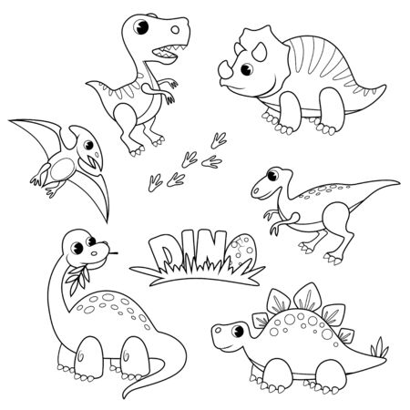 Set of cartoon dinosaurs. Cute dino. Black and white vector illustration for coloring bookのイラスト素材
