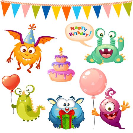 Set of cute cartoon monster. Happy birthday monsters partyのイラスト素材