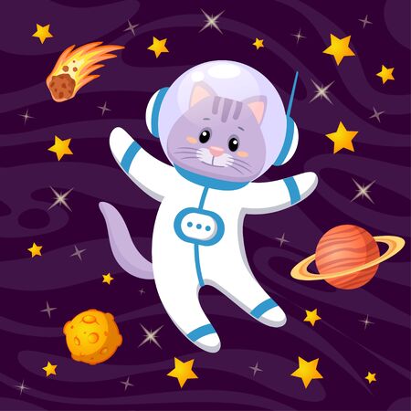 Cute cartoon cat astronaut in spaceのイラスト素材