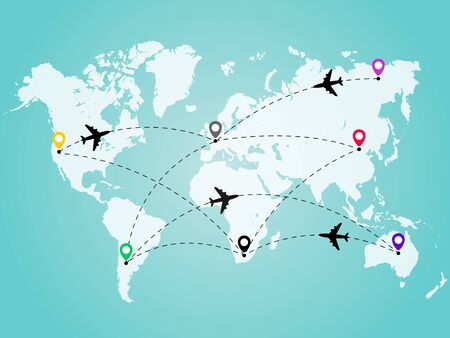 World map with airplane line path. Travel conceptのイラスト素材
