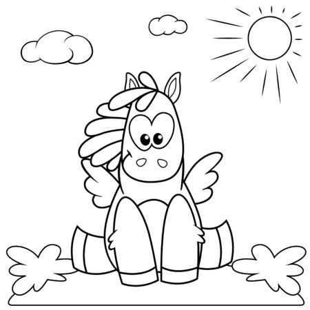 Cute cartoon pony sitting on the meadow. Black and white illustration for coloring bookのイラスト素材