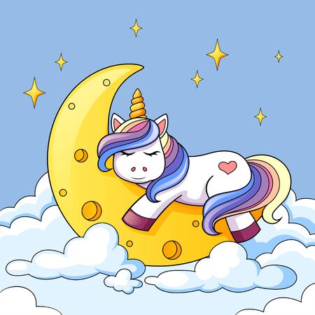 Cute cartoon unicorn sleeping on the moon in cloudsのイラスト素材