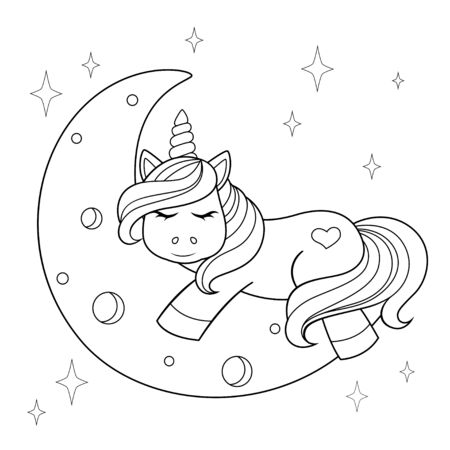 Cute cartoon unicorn sleeping on the moon. Black and white illustration for coloring bookのイラスト素材