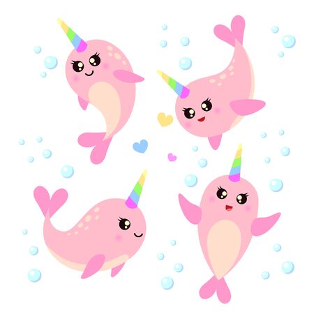 Set of cute cartoon narwhals. It's a girlのイラスト素材