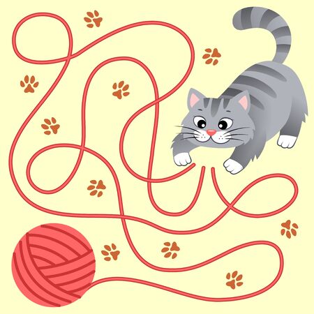 Help little kitten find path to ball of thread. Labyrinth. Maze game for kidsのイラスト素材