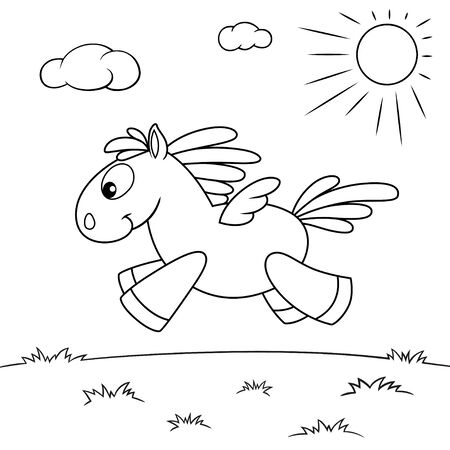 Cute cartoon pegasus. Black and white vector illustration for coloring bookのイラスト素材