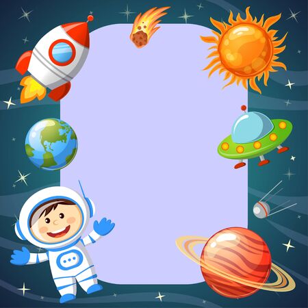 Frame with space theme. Astronaut, Earth, saturn, UFO, rocket, comet, sputnik and stars. Cosmic backgroundのイラスト素材