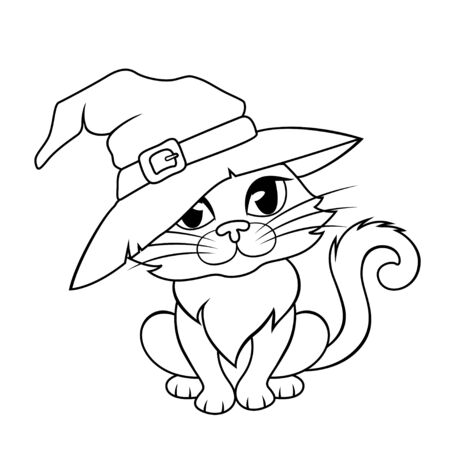 Halloween cat in a witch hat. Black and white illustration for coloring bookのイラスト素材