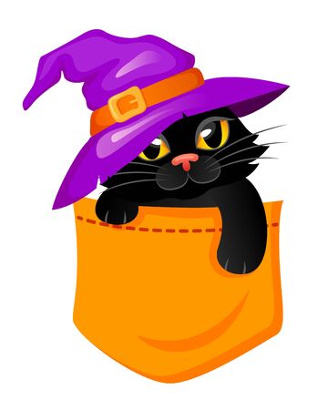 Pocket Cat in a witch hat. Halloween print with kitty for t-shirtのイラスト素材