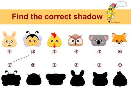 Find correct shadow. Kids educational game. Animals head. Bunny, bee, chicken, owl, koala, foxのイラスト素材