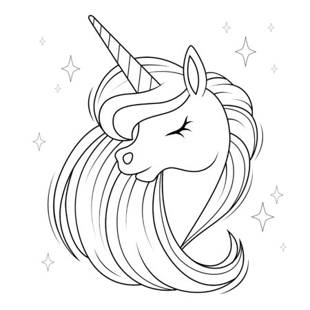 Cute cartoon unicorn head with mane. Black and white vector illustration for coloring bookのイラスト素材