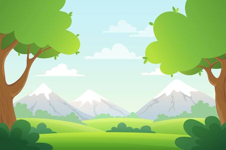 Landscape with trees, bush and mountains. Vector background with green grass and blue skyのイラスト素材