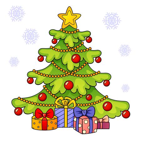 Christmas tree with gifts. Merry Christmas and Happy New Year greeting card templateのイラスト素材