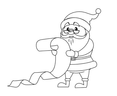 Santa Claus reading Christmas letter. Black and white vector illustration for coloring bookのイラスト素材