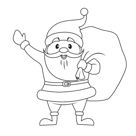 Santa claus with Christmas gifts bag. Black and white vector illustration for coloring bookのイラスト素材