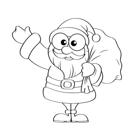 Santa claus with Christmas gifts bag. Black and white vector illustration for coloring bookのイラスト素材